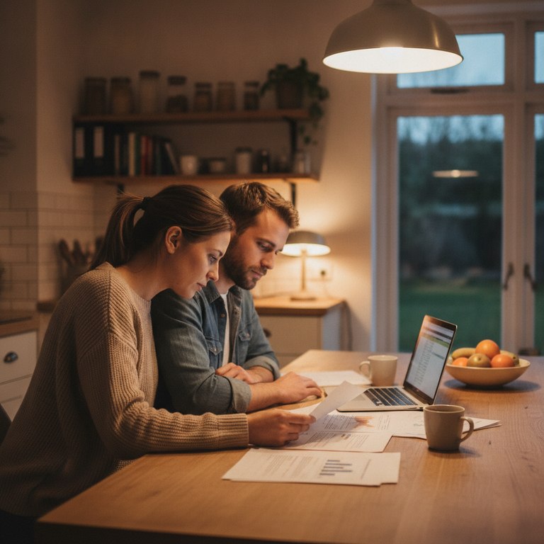 Un couple examine des documents fiscaux et un plan de financement à domicile